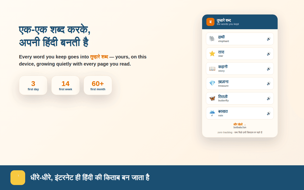 The Bolbala popup listing the Hindi words you kept