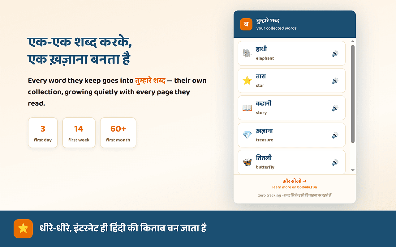 The Bolbala popup showing a child's growing collection of Hindi words